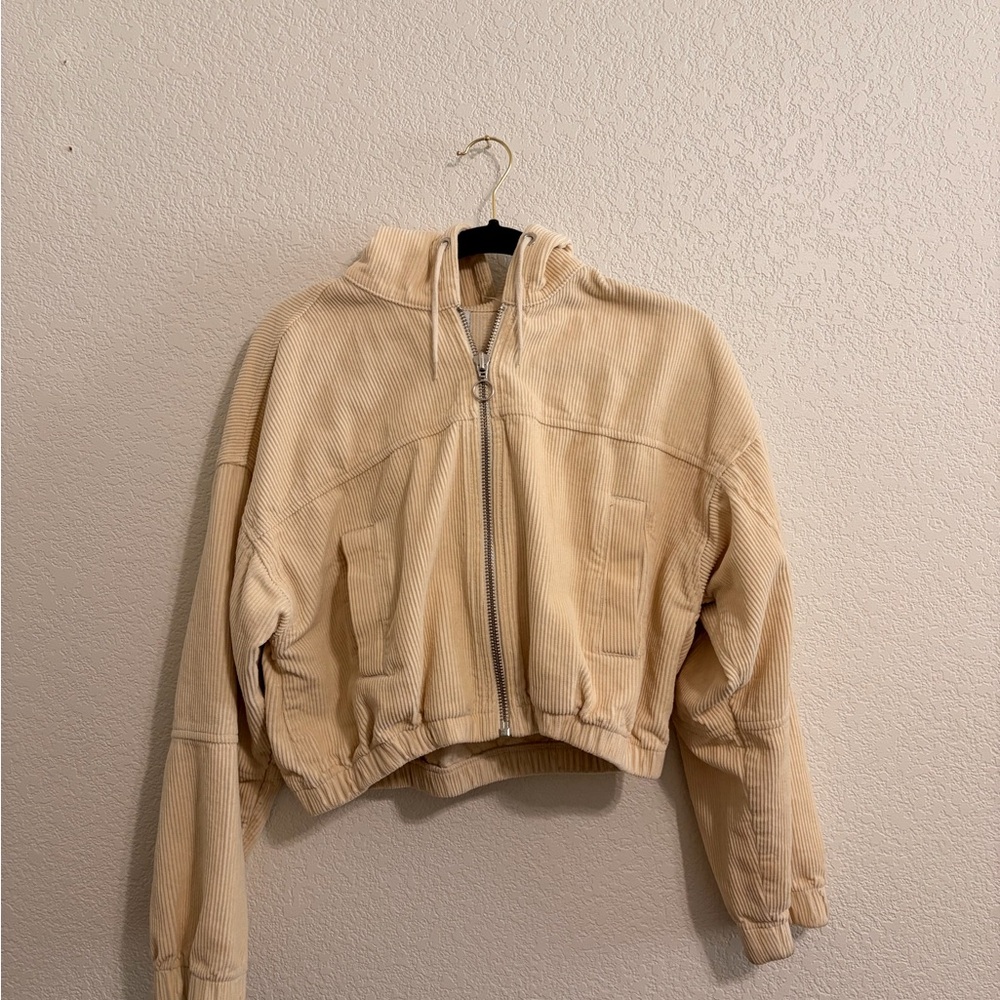 BDG Cream Corduroy Cropped Bomber Jacket with Hood
